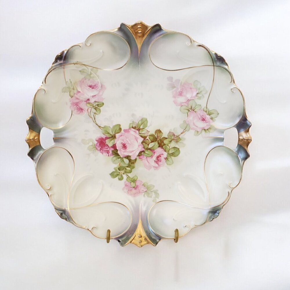 Vintage Cake Plate Iridescent Lusterware Finish Pink Roses Scalloped Gil…
